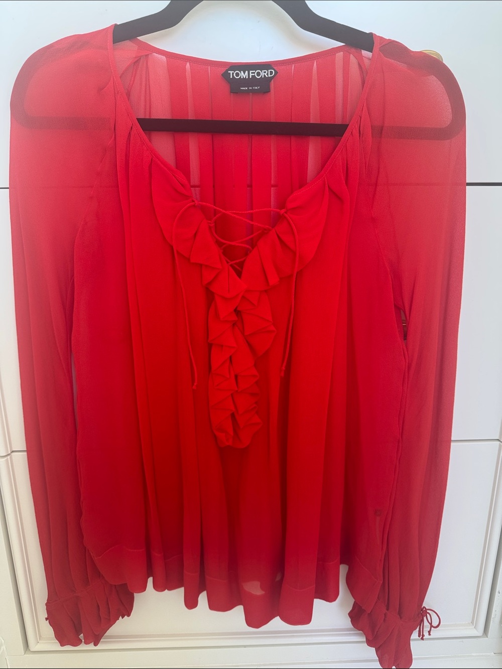 Tom Ford Vibrant Red Sheer Ruffle-Tie Blouse